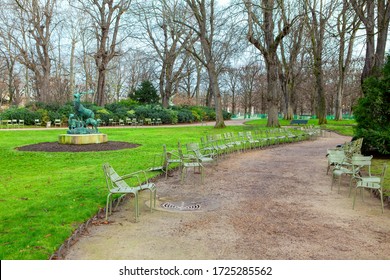 Park With No People In Paris , Empty Bench Of Luxembourg Gardens 