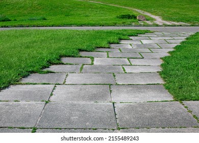 Park Path Made Of Square Tiles Overgrown With Grass In A Parkland With A Green Lawn Close Up Of The Way On Park With Meadow And Asphalt Road Lit By Sun, Nobody.