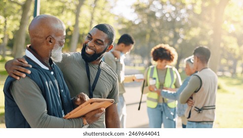 Park, people and volunteers success with tablet for data support, community project or nature sustainability. Humanitarian, recycling or senior leader in charity service or NGO for pollution cleanup - Powered by Shutterstock