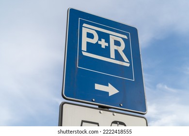 Park and Ride blue sign, car parking facility, road signs in Poland.