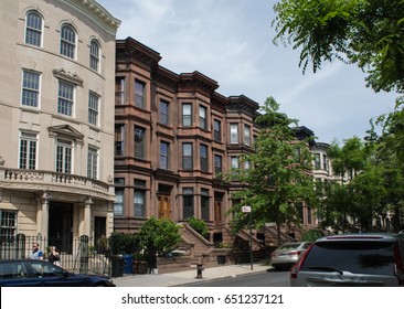 Park Slope, Brooklyn, New York - May 28, 2017: Park Slope Brownstone Facades & Row Houses