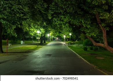 Park with street lights in Piestany (Slovakia) in night with no people around  