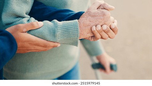 Park, walking and hands of caregiver with senior person for assisted living, support and care in nature. Retirement, help and old patient with disability outdoors for wellness, health and recovery - Powered by Shutterstock