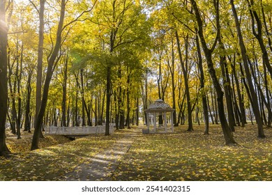 A park with a white gazebo and a bridge. The leaves are yellow and the sun is shining - Powered by Shutterstock