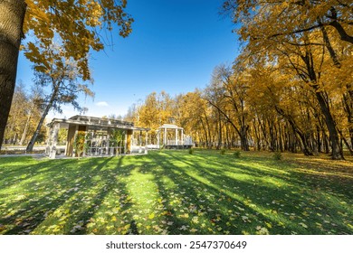 A park with a white gazebo and a large tree with a lot of leaves. The leaves are orange and yellow, and the sky is blue - Powered by Shutterstock