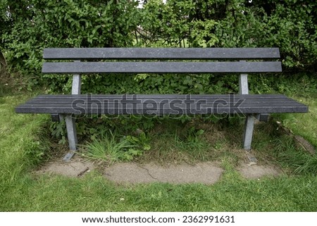 Parkbench in grassy area with hedge behind