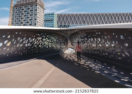 Parkbrug Antwerpen in Belgium. Cyclists can easily go from Park Spoor Noord to Het Eilandje via the Park Bridge and vice versa.