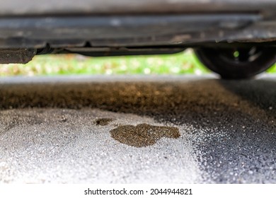 Parked Car In Driveway With Macro Closeup Of Vehicle Leaking Fuel On Cat Litter To Prevent Damaging Pavement And To Absorb The Gas