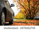 Parked Car on Leaf-Covered Road in Autumn with Colorful Trees in the Background