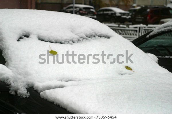 A parked car, a windshield and a roof are\
covered with a thick layer of white and pure snow, fallen green and\
yellow leaves. The first snow in the autumn, in October. Autumn and\
winter background