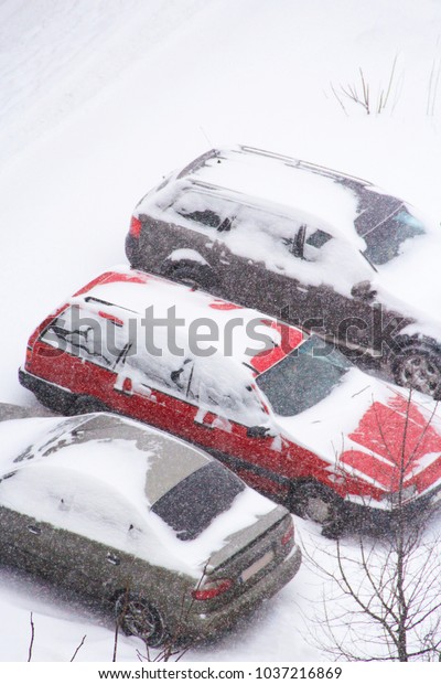 Parked cars\
covered with snow. Bad weather in town. Snowy day. Blizzard in\
city. Automobiles trapped in snow. Excessive precipitation in\
winter city. Urban scene. Weather\
concept
