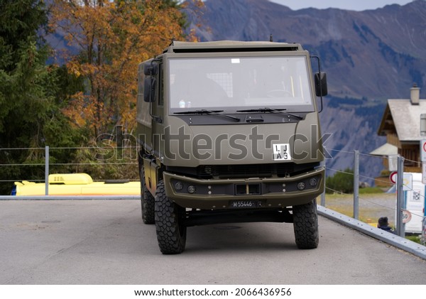 Parked\
Duro military transport truck of the Swiss Army at Axalp. Photo\
taken October 19th, 2021, Brienz,\
Switzerland.