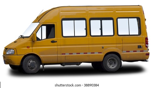 Parked Yellow Minivan Isolated On A White Background