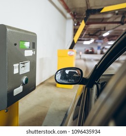 Parking Barrier. Man Taking Ticket To Pass Control On Parking Area