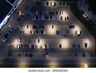 Parking Lot With Car At Night Aerial Above Top View