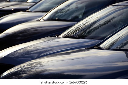 Parking cars. Car hoods and windows close up 