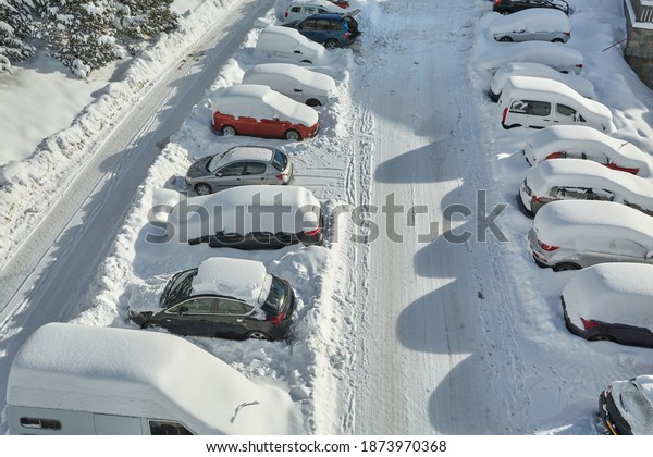 Parking cars\
covered with fresh snow in\
winter