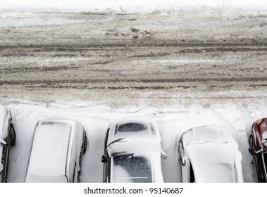 Parking Lot With Cars Covered In Snow Detail View From Above