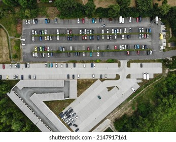 Parking Lot With Cars. Drone View Of A Busy Car Park.