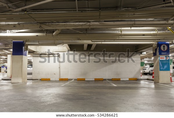 Parking garage\
interior, industrial\
building