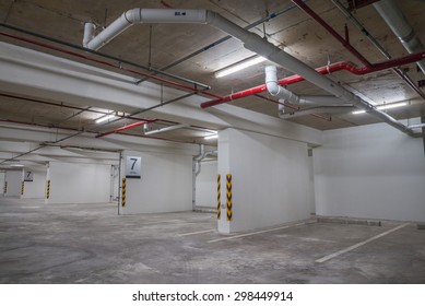 Parking Garage Interior Neon Lights In Dark