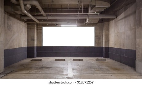 Parking Garage Underground Interior With Blank Billboard