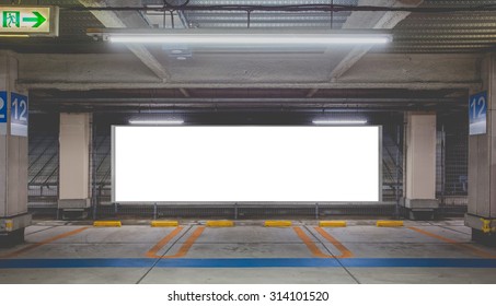 Parking Garage Underground Interior With Blank Billboard