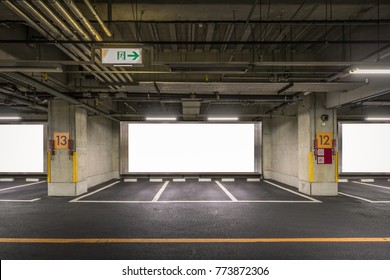 Parking Garage Underground Interior With Blank Billboard