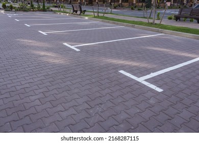 Parking Lot On The Street. Parking Sign On The Road. Parking Space For Auto. Empty Slot For Car. Urban Transportation Concept. Deserted Street. Parking Space. City Traffic Concept.