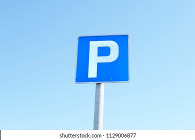 Parking P Sign Blue White Square Against Sky Background