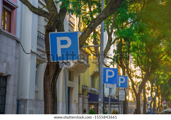 Parking or park sign for\
cars vehicles on trees and building background in the city. Traffic\
road road-sign. White letter P on a blue background. Sunny summer\
day.
