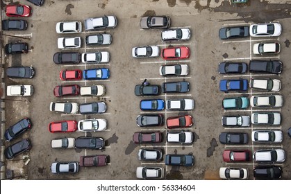 Parking With Parked Cars. Aerial View From A Height.