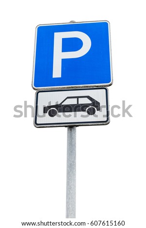 Parking lot road sign isolated on white background, close up photo