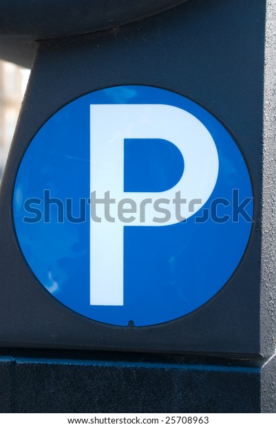 Parking sign with P\
on blue on parking\
meter