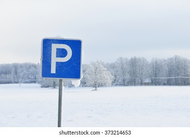 Parking Sign In Snow Covered Countryside