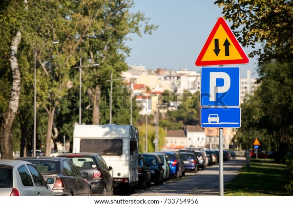 Parking sign and two-way\
street sign.