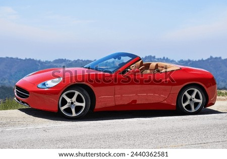 Parking, sportscar and road trip on mountain, travel and luxury transport on summer drive. Auto convertible, holiday and countryside wellness on street, calm vacation and adventure in vehicle