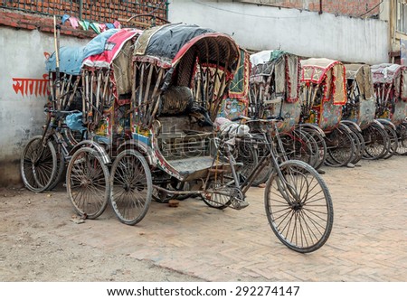 Parking for traditional rickshaws - Kathmandu, Nepal