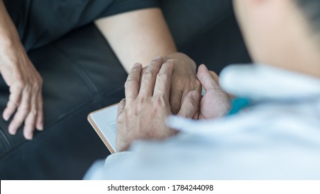 Parkinson Disease Patient, Alzheimer Elderly Senior, Arthritis Person's Hand In Support Of Geriatric Doctor Or Nursing Caregiver, For Disability Awareness Day, Ageing Society Care Service