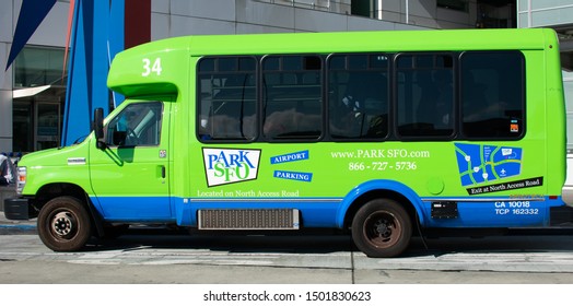 ParkSFO Shuttle Bus Pick Up And Drop Off Passengers At Terminal Going To Parking Garage Facility Of San Francisco International Airport - San Francisco, CA, USA - Circa, 2019