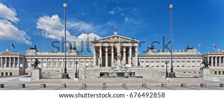 Parlament building at Vienna, Austria. Panorama of famous touristic attraction.