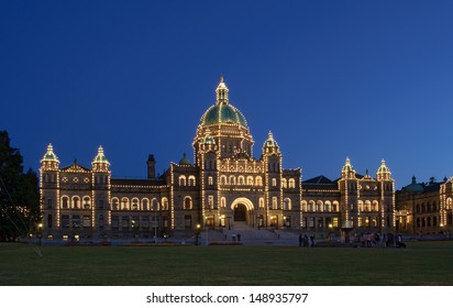 Parliament Of BC In Victoria  Lit Up At Dusk; Oblique View