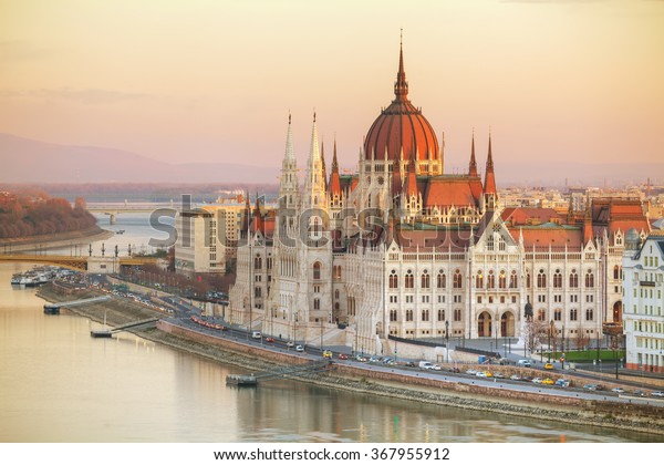 Parliament building in Budapest, Hungary at sunrise