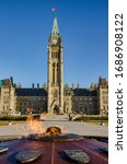 Parliament building in Ottawa, Canada  - Centre Block, Peace Tower and Centennial Flame