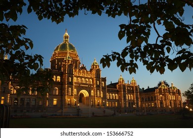 Parliament Building Victoria Night, BC. The Parliament buildings in Victoria lit up at night. British Columbia, Canada. 