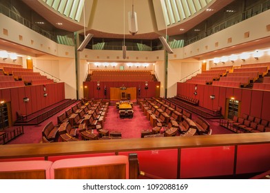 Parliament House- April 14, The Senate Chamber Which Is In A Red Color Scheme Of Australia's Capital City Landmark On April 14, 2018 In Canberra, ACT, Australia