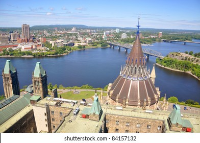 Parliament Library Aerial View, Ottawa River And Gatineau Skyline From Peace Tower, Ottawa, Ontario, Canada