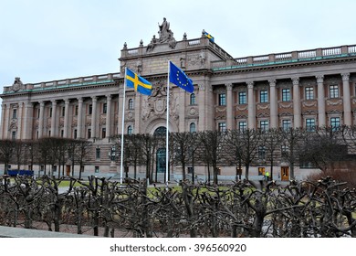 Parliament Of Sweden - Sveriges Riksdag In Stockholm - On A Grey Winter Morning.