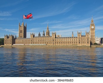 Parliament with UK flag: June 23 referendum, Should the United Kingdom remain a member of the European Union or leave the European Union. The poll is aka Brexit meaning Britain exit