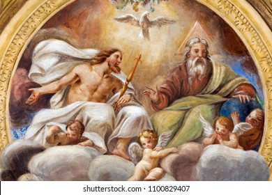 PARMA, ITALY - APRIL 16, 2018: The ceiling freso of The Holy Trinity in church Chiesa di Santa Croce by Giovanni Maria Conti della Camera (1614 - 1670).